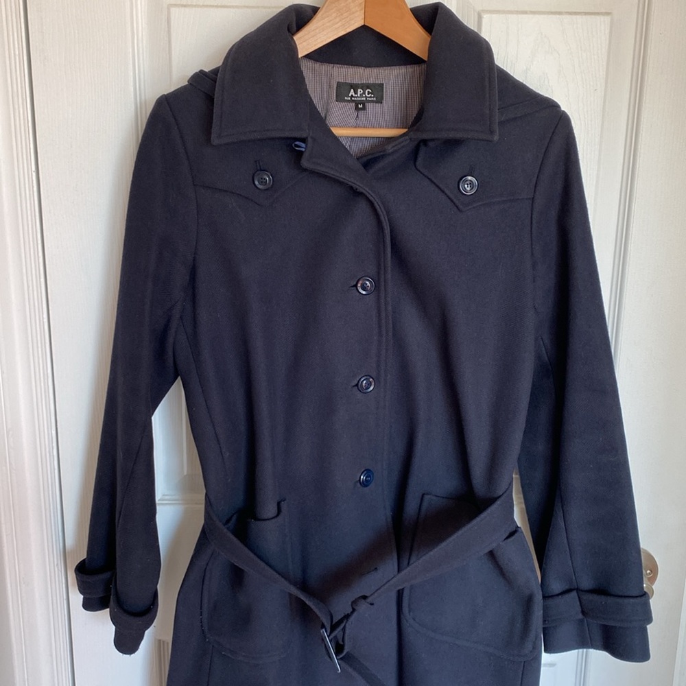 A.P.C wool coat hooded navy size medium